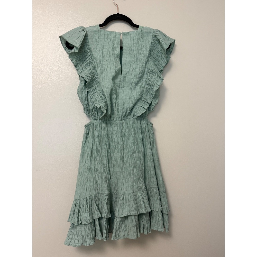 Vestique Sage Green Crinkle Ruffle Mini Dress Side Cut Out - Picture 5 of 10